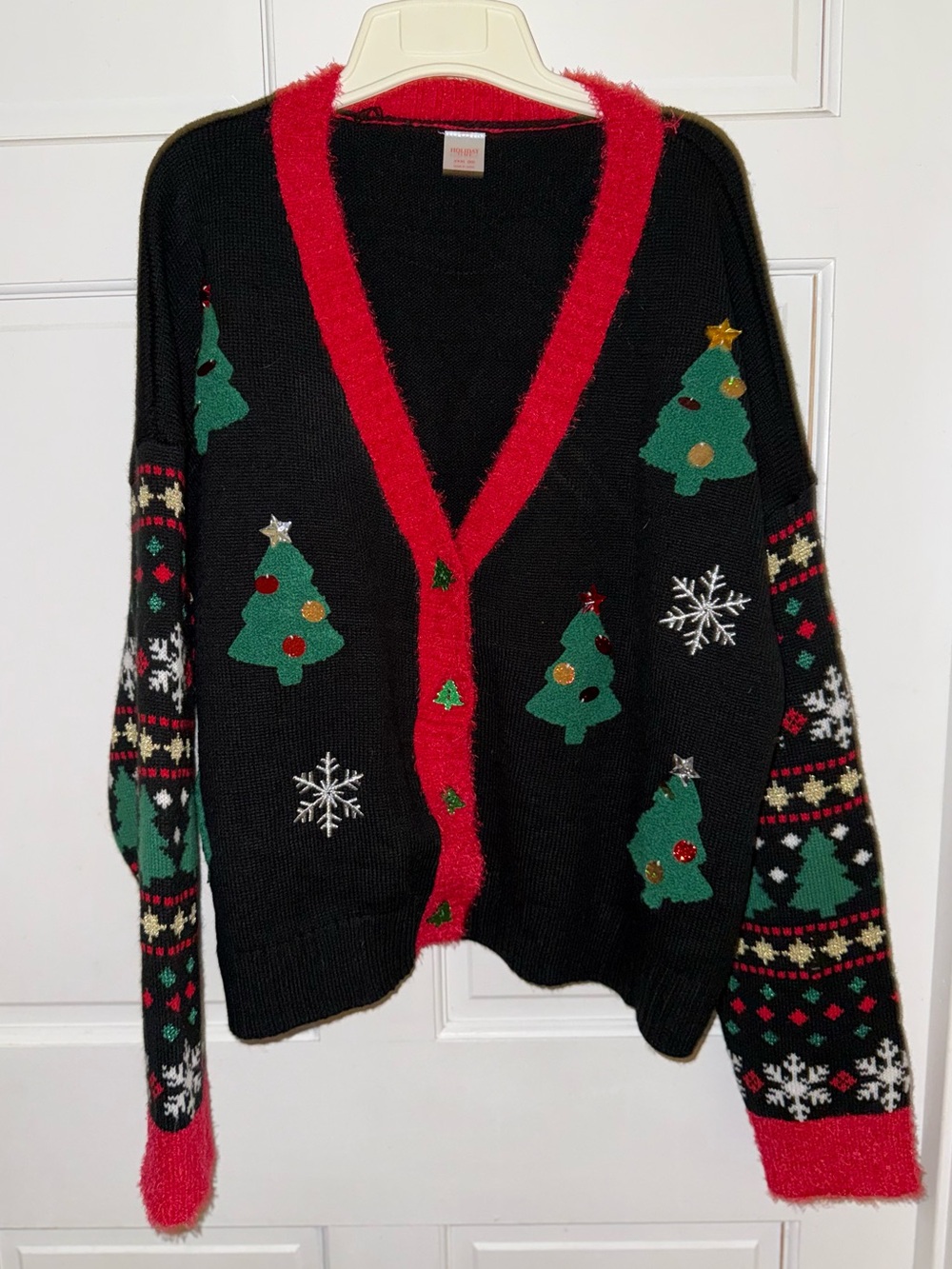 Holiday Time Black Red Green Christmas Tree Cardigan